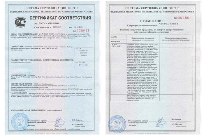 Сертификат соответствия на прибор